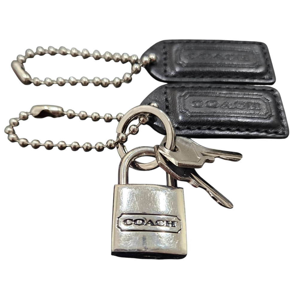 COACH set 2 leather tags Lock 2 keys black silver Vintage VGUC hang keychain